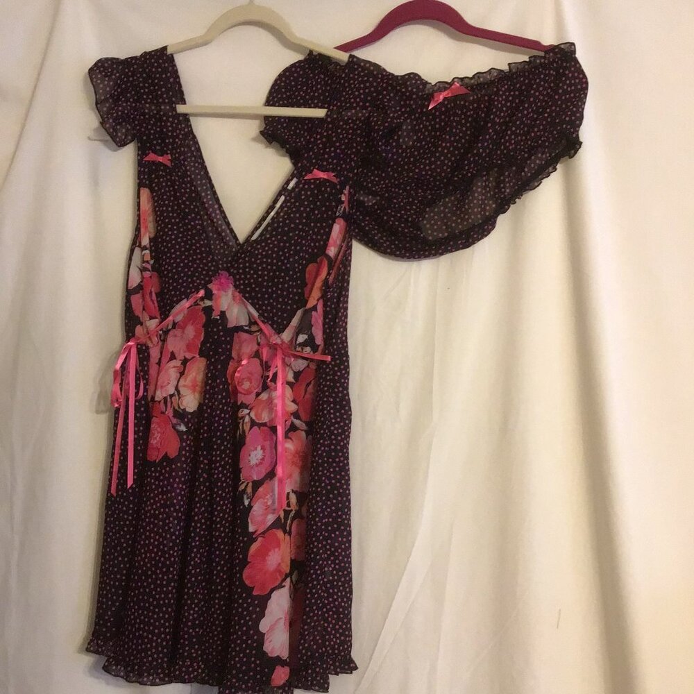 NWT AVENUE Sexy Sheer Black Baby Doll Nighty Pink Polka Dots Ribbons Bows 18/20